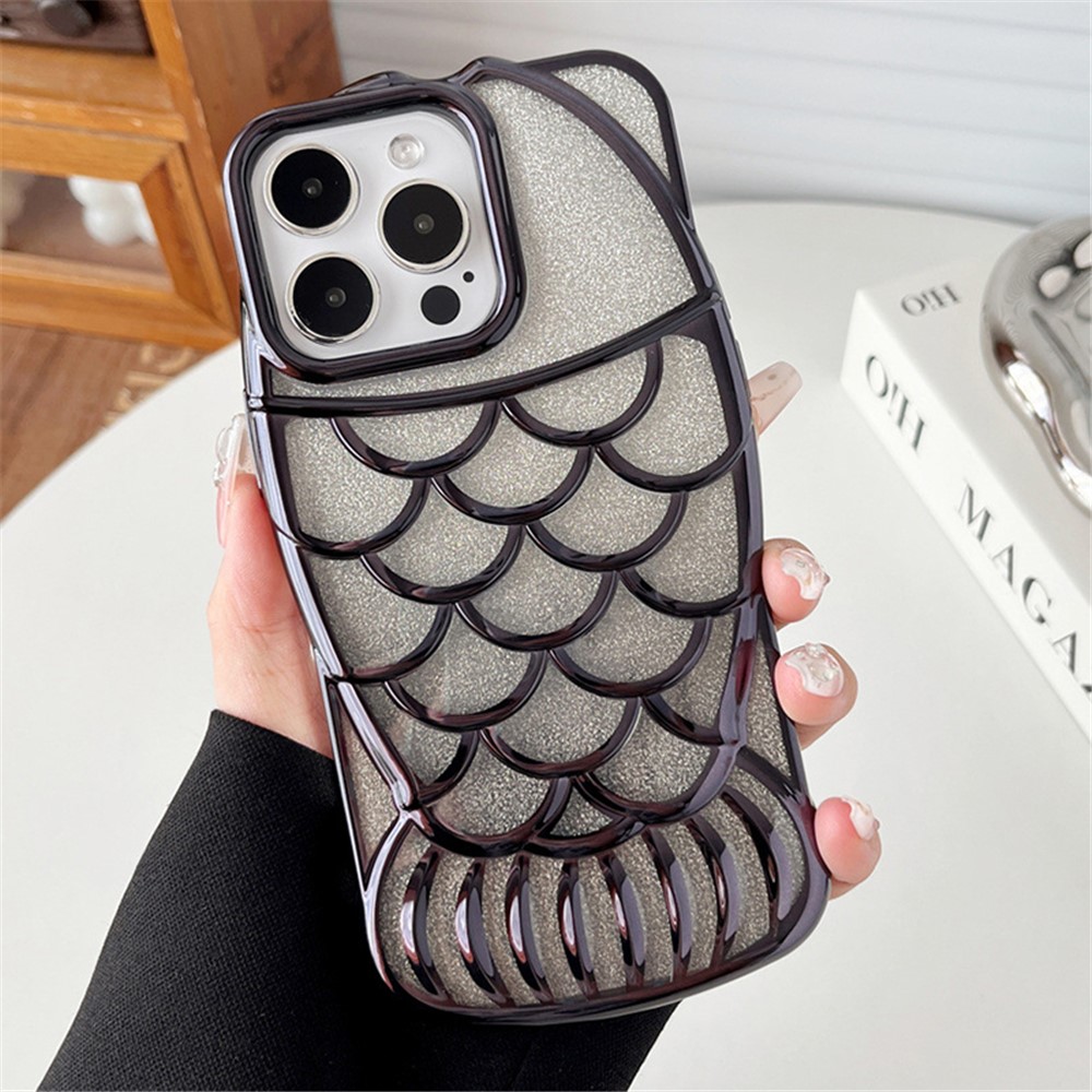 For iPhone 13 Pro Max TPU Case Glitter Sparkle Chubby Fish Design Phone Cover - Black
