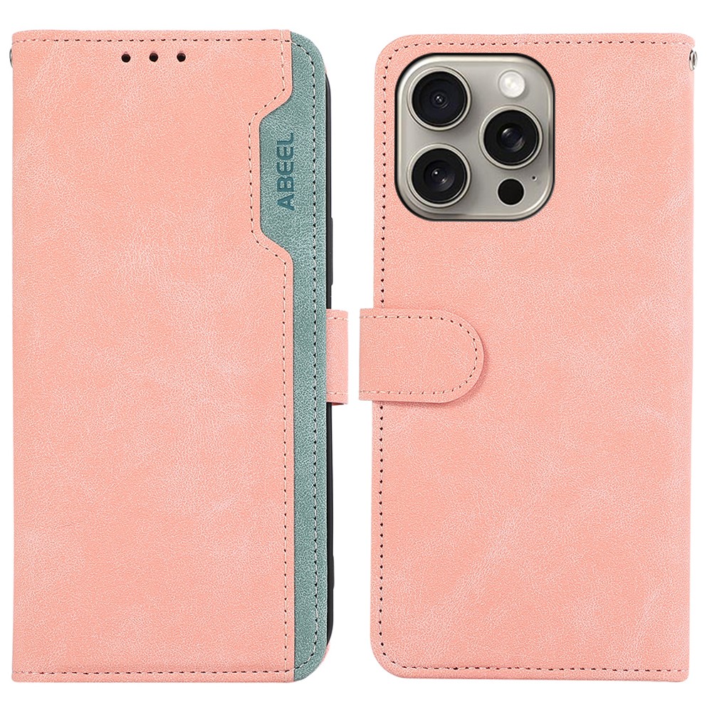 ABEEL For iPhone 13 Pro Wallet Case RFID Blocking Splicing Color Leather Phone Cover - Pink