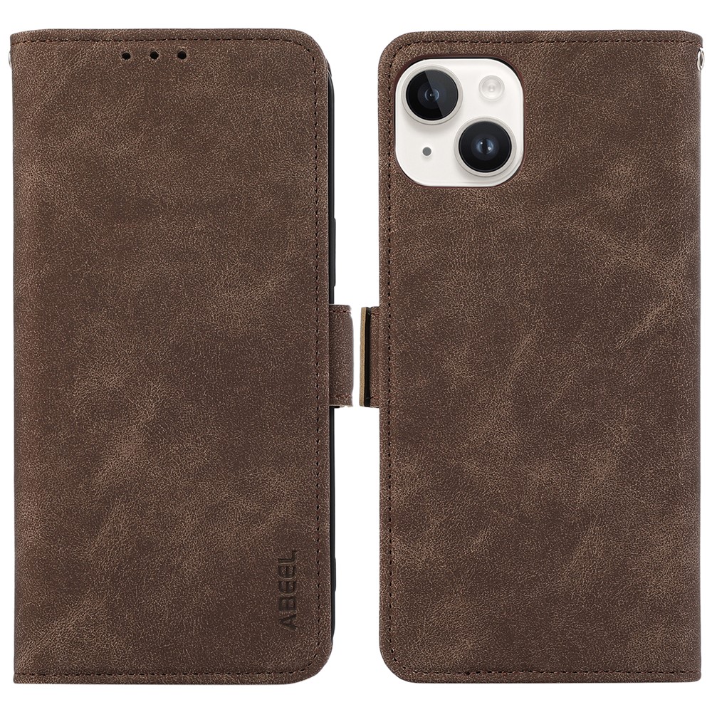 ABEEL For iPhone 15 Plus Leather Case Side Magnetic Clasp RFID Blocking Wallet Phone Cover - Brown