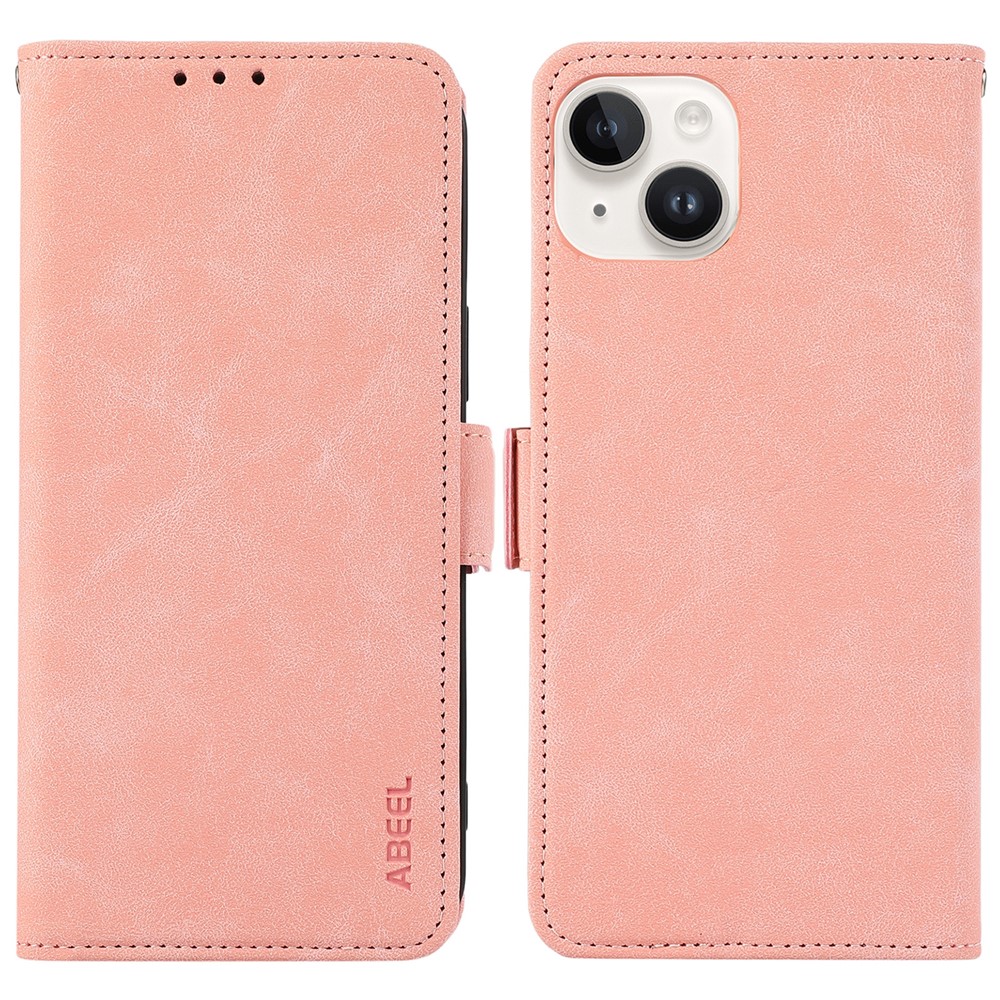 ABEEL For iPhone 15 Plus Leather Case Side Magnetic Clasp RFID Blocking Wallet Phone Cover - Pink