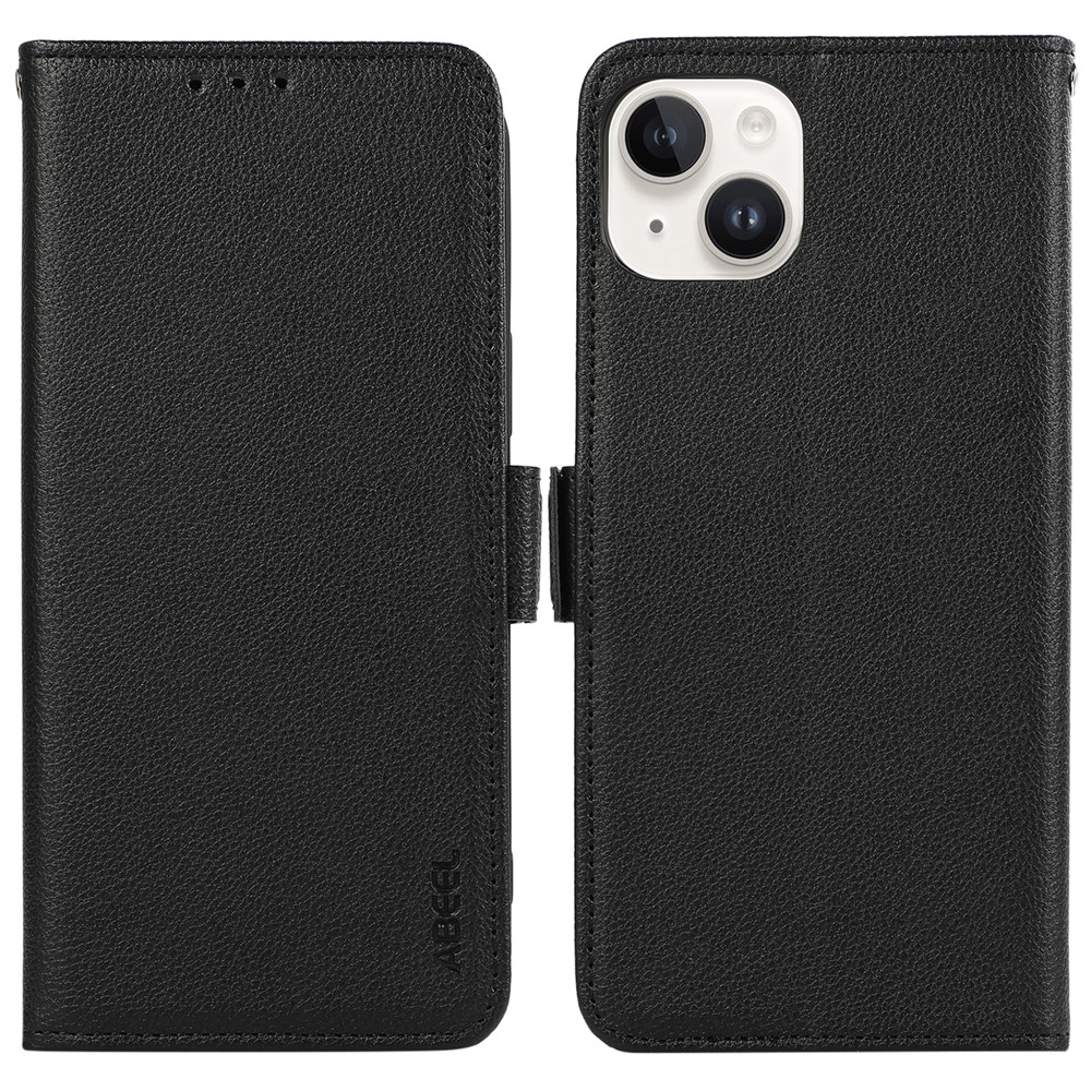 ABEEL For iPhone 14 Plus PU Leather Case Litchi Texture RFID Blocking Phone Cover - Black