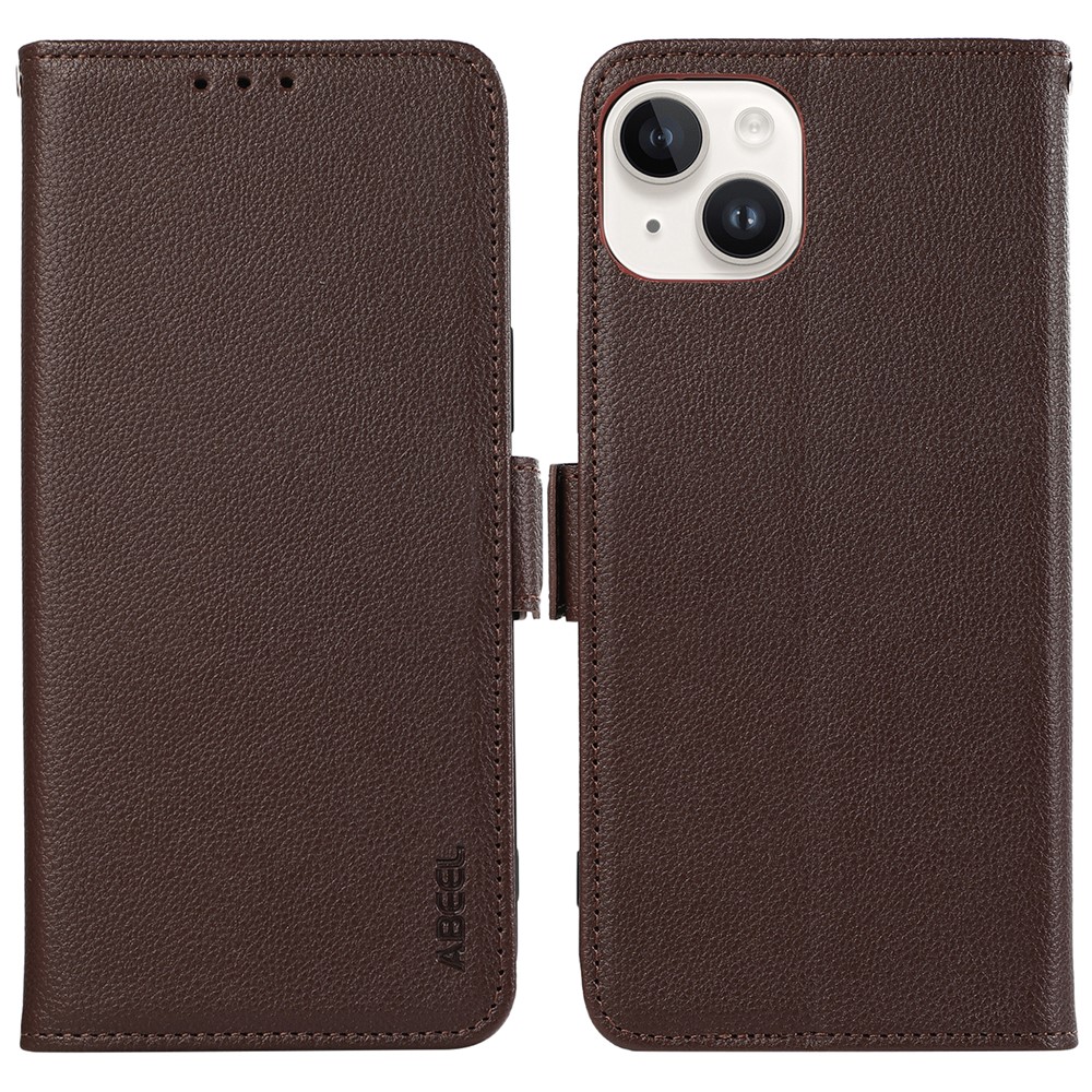 ABEEL For iPhone 14 Plus PU Leather Case Litchi Texture RFID Blocking Phone Cover - Brown