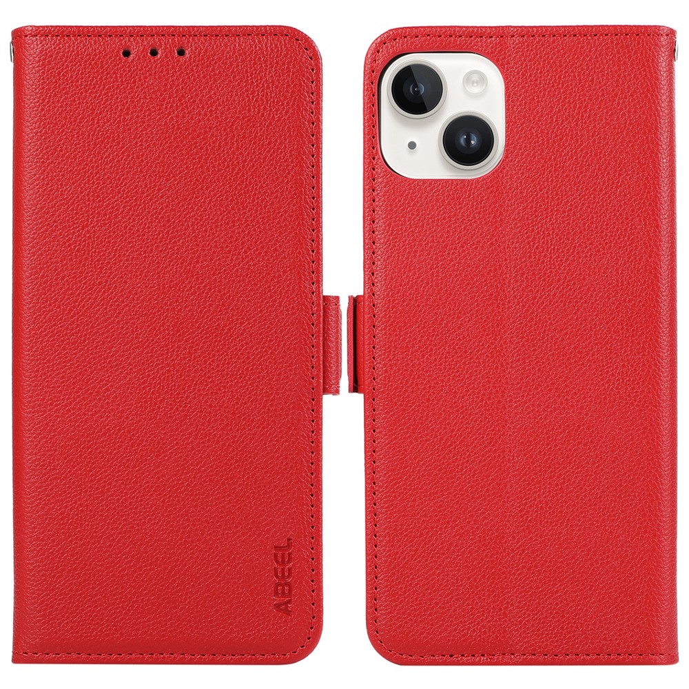 ABEEL For iPhone 14 Plus PU Leather Case Litchi Texture RFID Blocking Phone Cover - Red