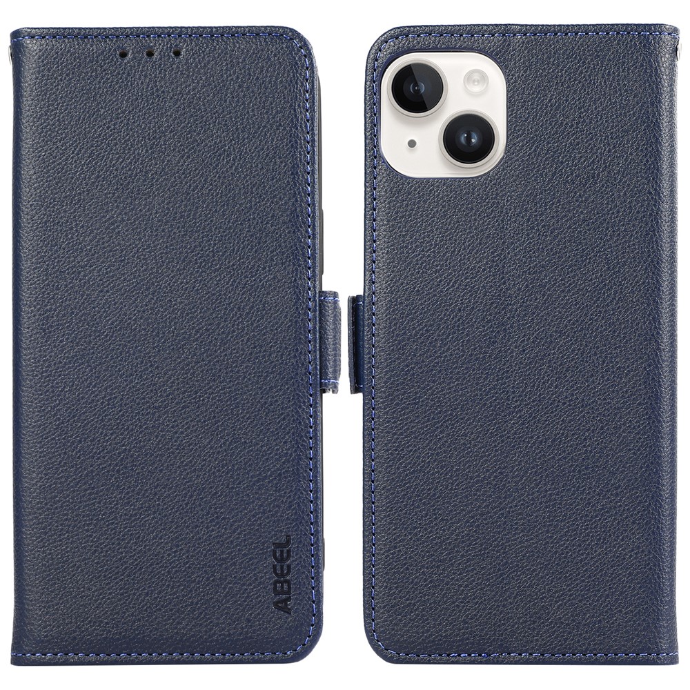 ABEEL For iPhone 15 Plus Leather Case RFID Blocking Wallet Litchi Texture Phone Cover - Blue
