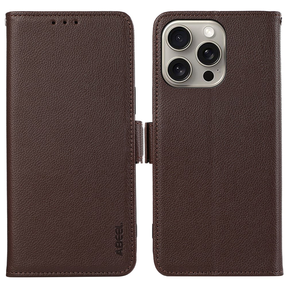 ABEEL For iPhone 13 Pro RFID Blocking Leather Case Litchi Texture Phone Cover - Brown