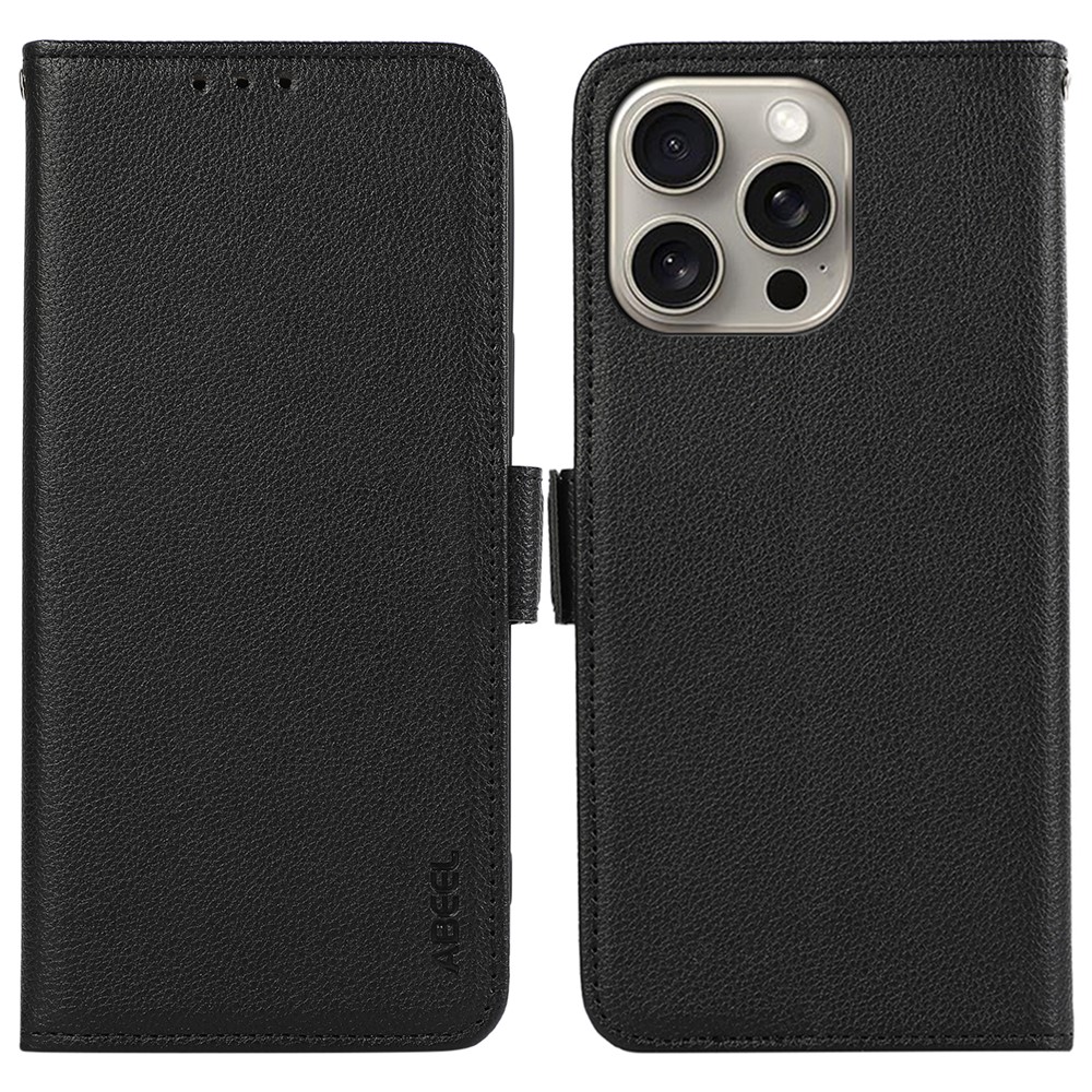 ABEEL For iPhone 12 6.1 inch / 12 Pro 6.1 inch Phone Protective Shell RFID Blocking Leather Stand Litchi Texture - Black