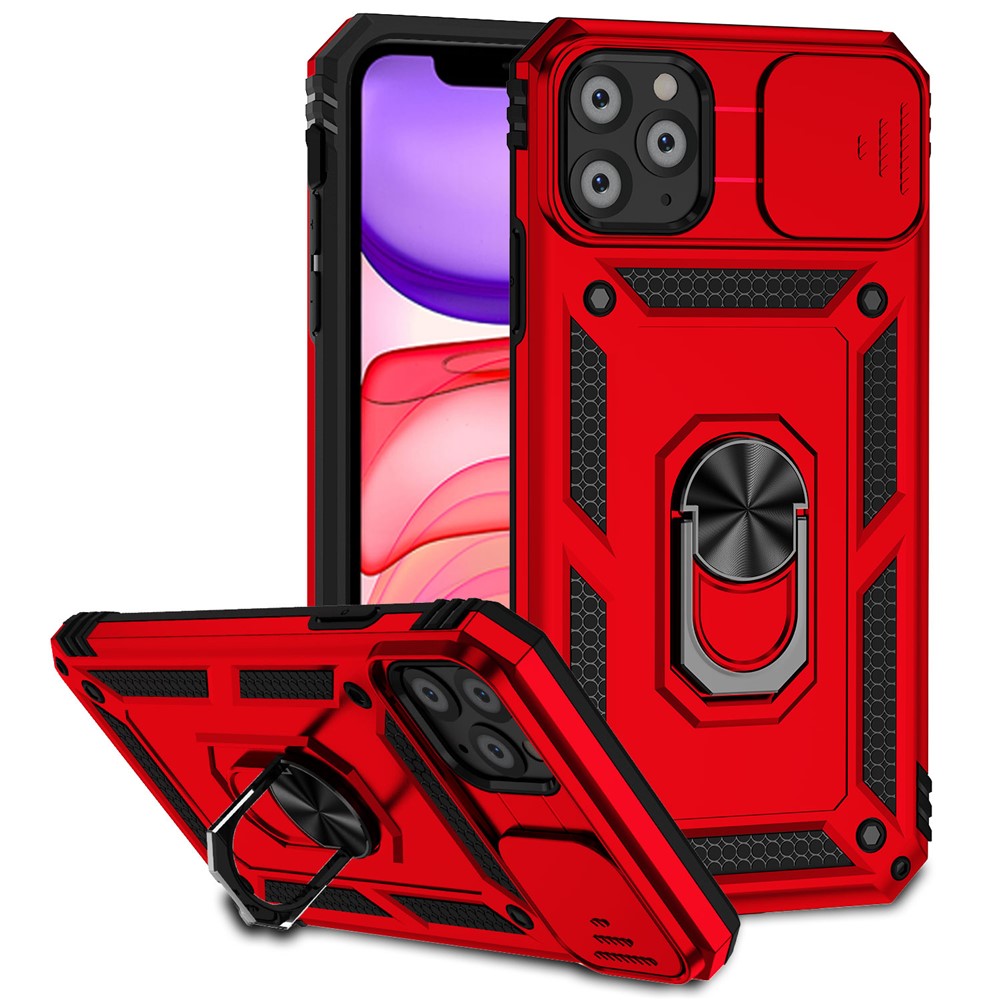 For iPhone 11 Pro Max Case with Camera Slide Protector PC+TPU Kickstand Armour Phone Cover - Red
