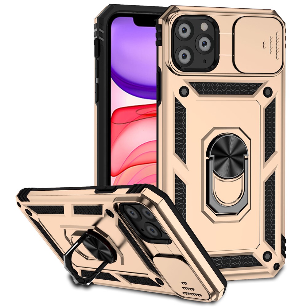 For iPhone 11 Pro Max Case with Camera Slide Protector PC+TPU Kickstand Armour Phone Cover - Gold