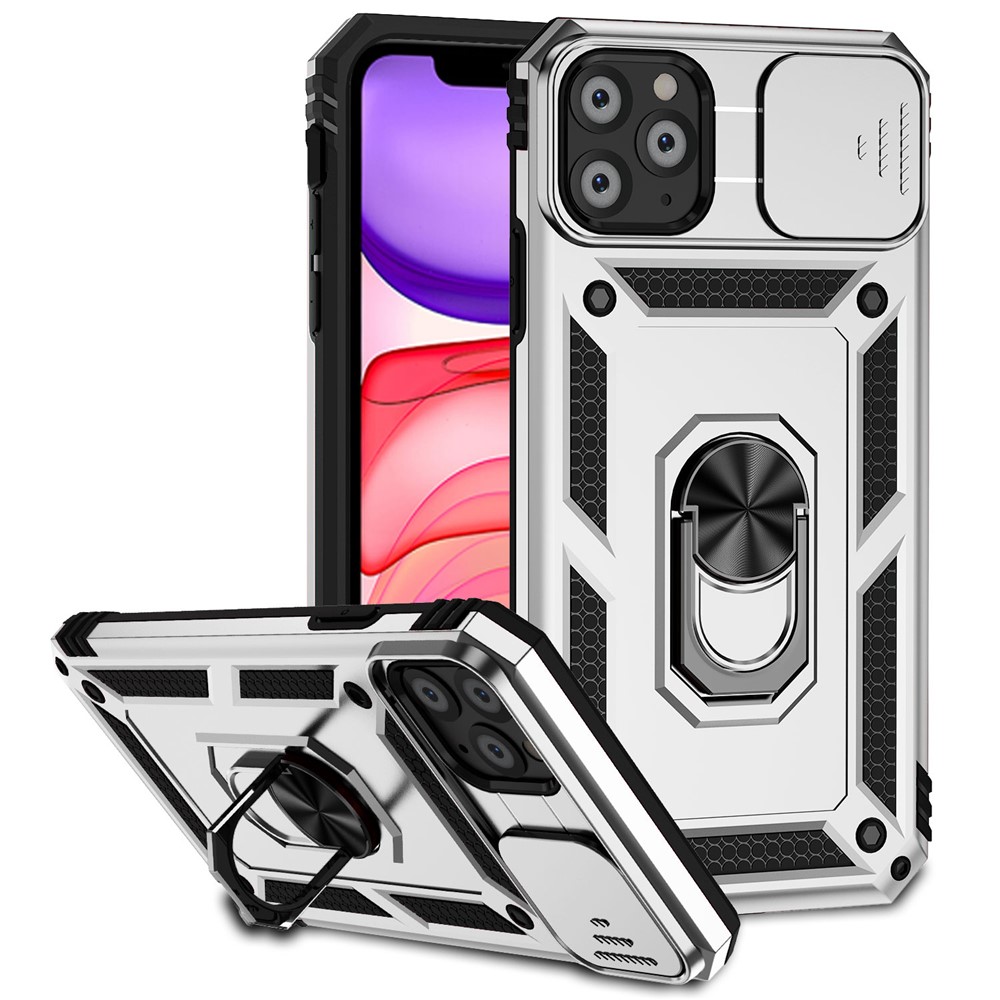 For iPhone 11 Pro Max Case with Camera Slide Protector PC+TPU Kickstand Armour Phone Cover - Silver