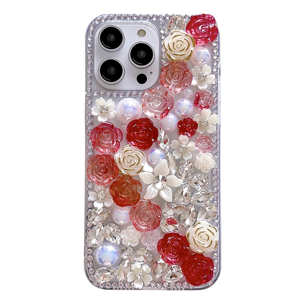For iPhone 12 / 12 Pro Case Rose Flowers Pearls Rhinestones Decor PC+TPU Phone Cover - Red