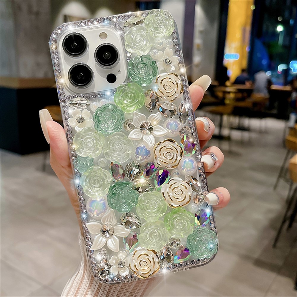 For iPhone 12 / 12 Pro Case Rose Flowers Pearls Rhinestones Decor PC+TPU Phone Cover - Green