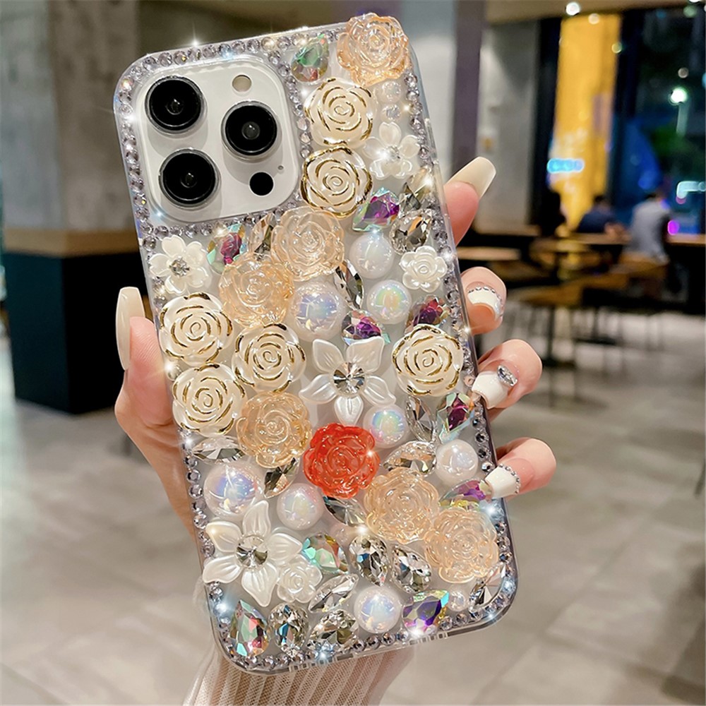 For iPhone 12 / 12 Pro Case Rose Flowers Pearls Rhinestones Decor PC+TPU Phone Cover - Apricot