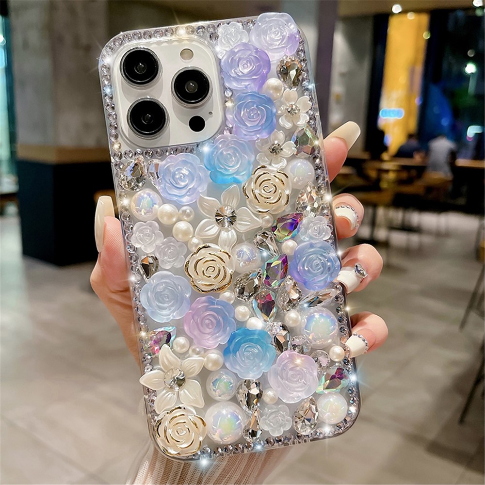 For iPhone 12 / 12 Pro Case Rose Flowers Pearls Rhinestones Decor PC+TPU Phone Cover - Blue