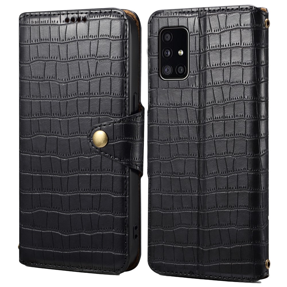For Samsung Galaxy A51 4G SM-A515 Wallet Case PU Leather Crocodile Texture Phone Cover - Black