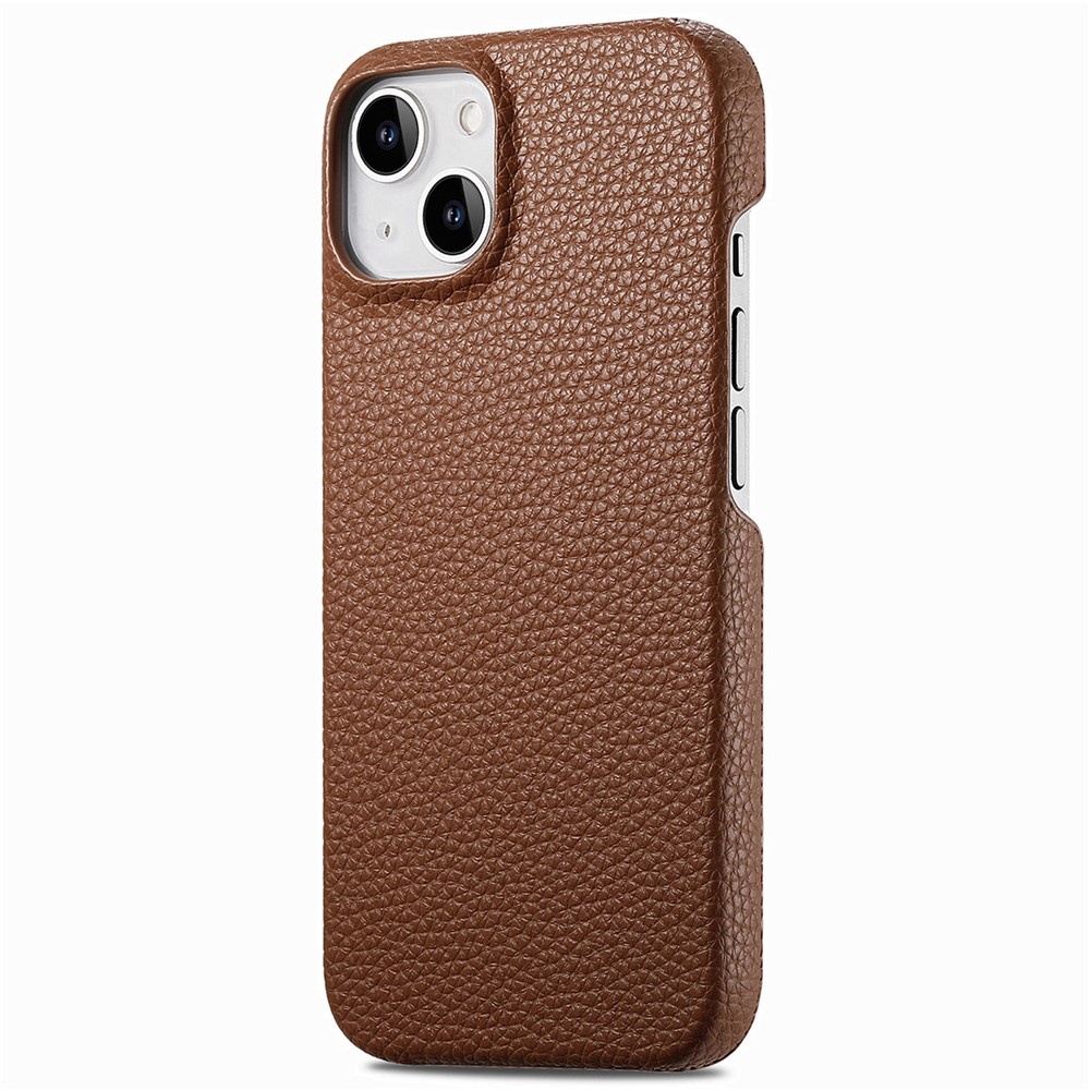 Y1 For iPhone 14 Plus Case Anti-scratch Litchi Texture PU Leather Coated PC Phone Cover - Brown