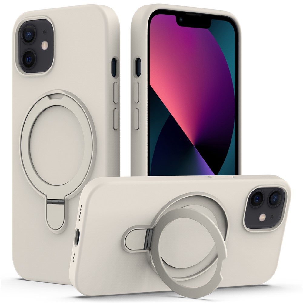 For iPhone 11 Magnetic Case with Ring Kickstand PC + Silicone Drop-Proof Phone Cover - Antique White
