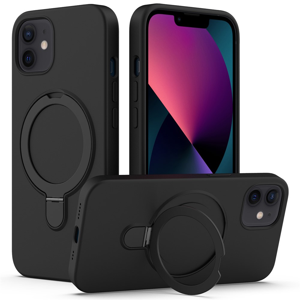 For iPhone 11 Magnetic Case with Ring Kickstand PC + Silicone Drop-Proof Phone Cover - Black