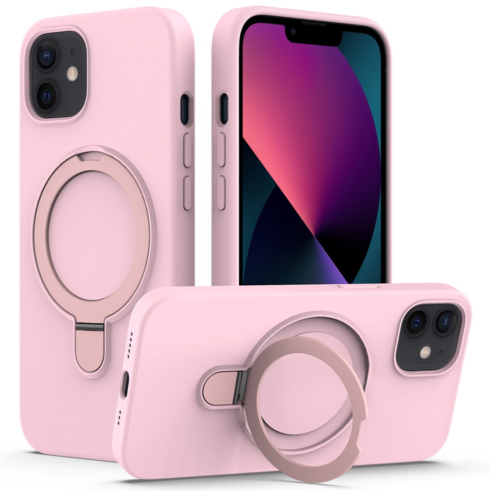For iPhone 11 Magnetic Case with Ring Kickstand PC + Silicone Drop-Proof Phone Cover - Grey Pink