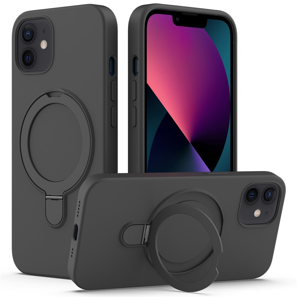 For iPhone 11 Magnetic Case with Ring Kickstand PC + Silicone Drop-Proof Phone Cover - Black Grey
