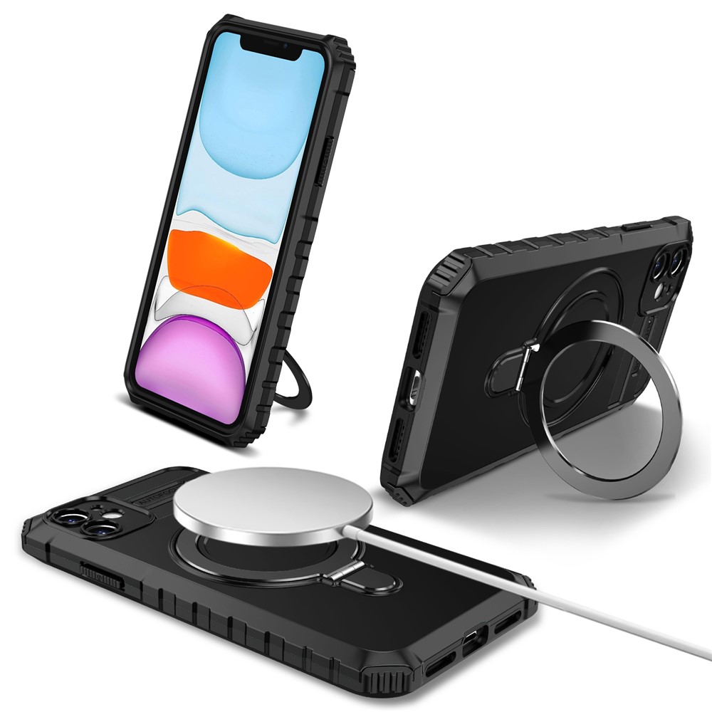 For iPhone 11 Case Kickstand PC+TPU Phone Cover Compatible with MagSafe - Black