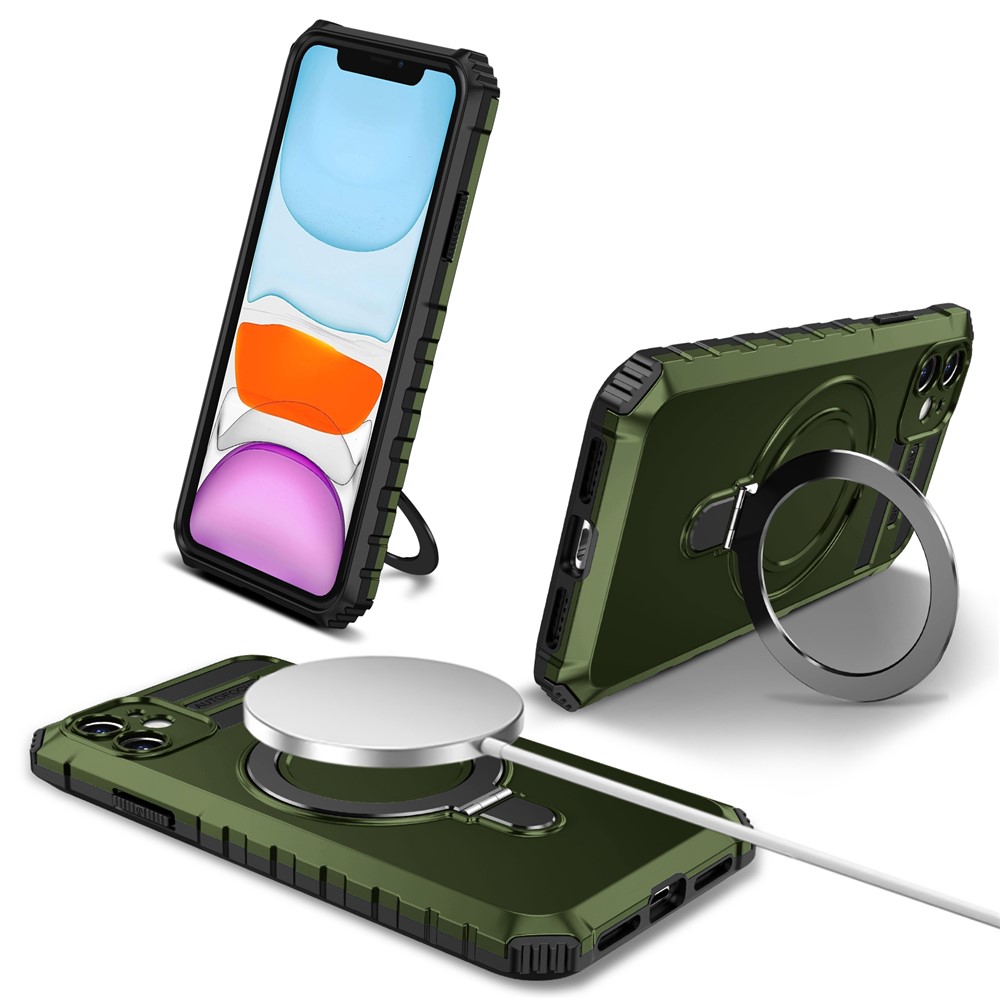 For iPhone 11 Case Kickstand PC+TPU Phone Cover Compatible with MagSafe - Green
