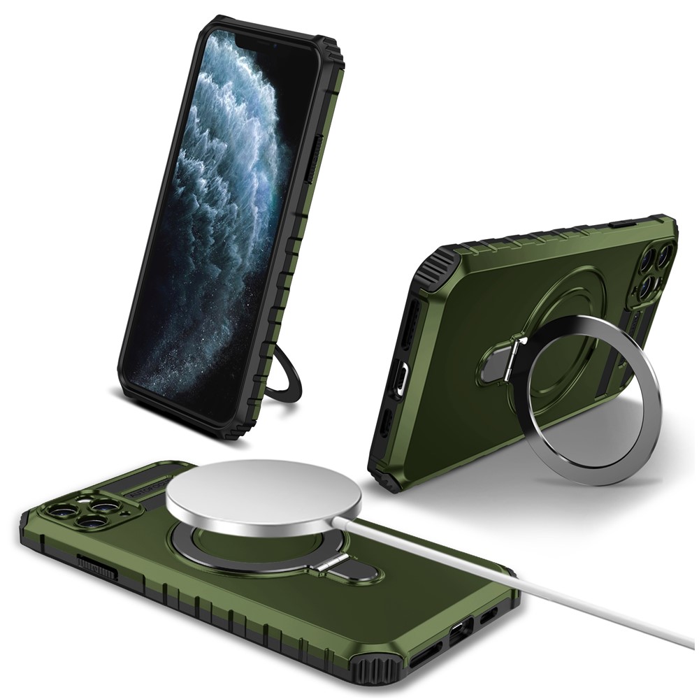 For iPhone 11 Pro Max Case Kickstand PC+TPU Phone Cover Compatible with MagSafe - Green