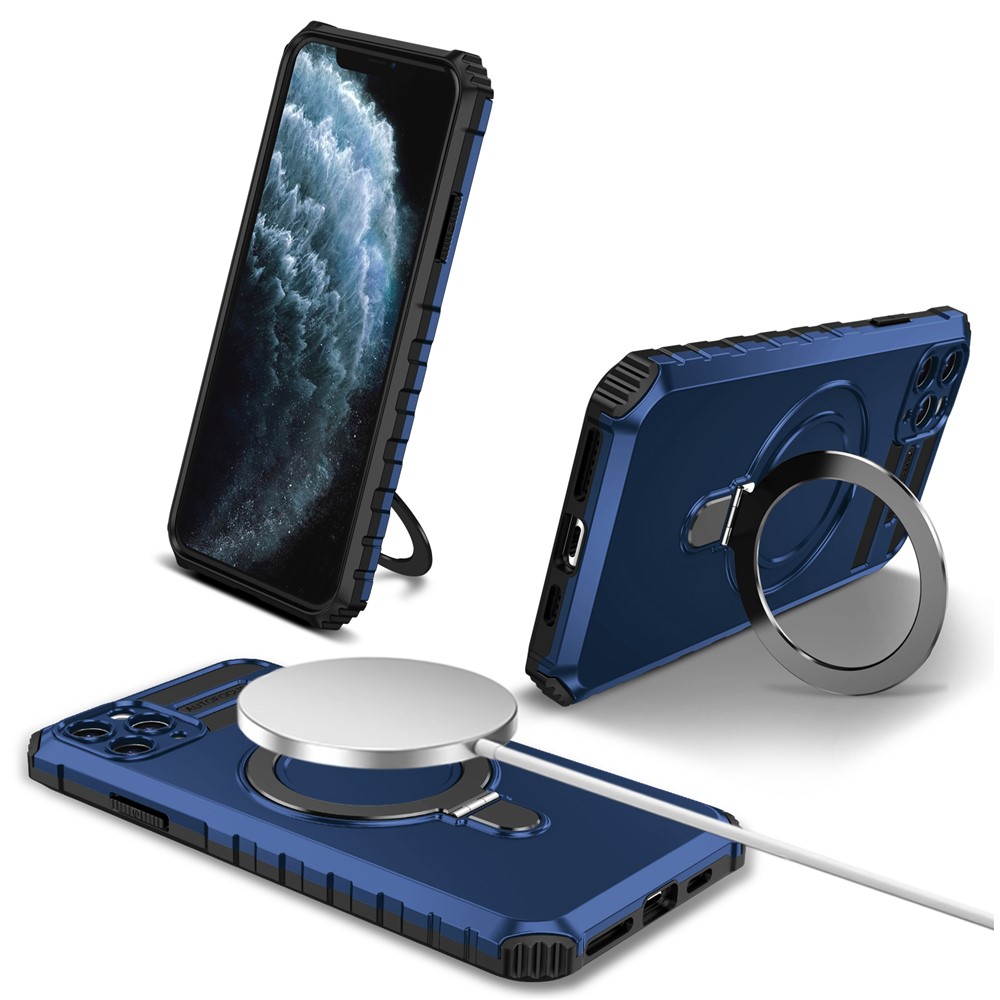 For iPhone 11 Pro Case Magnetic PC+TPU Phone Cover with Ring Kickstand - Blue