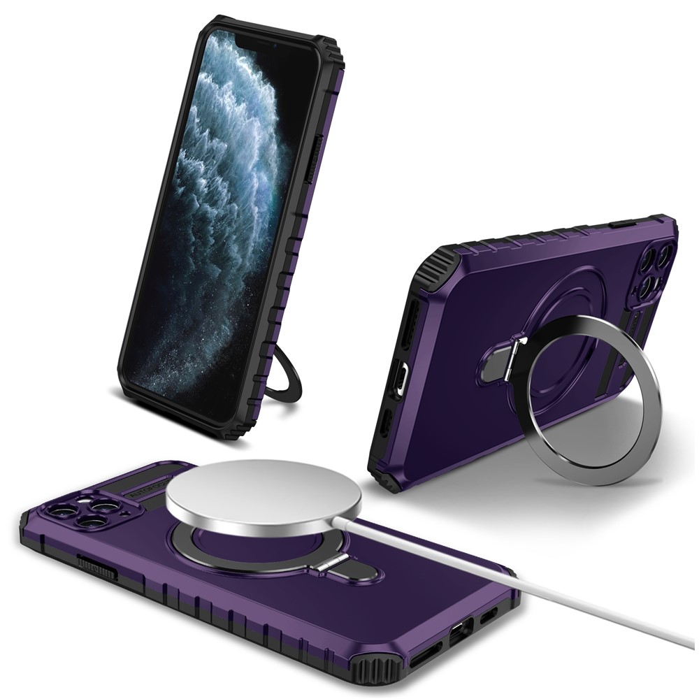 For iPhone 11 Pro Case Magnetic PC+TPU Phone Cover with Ring Kickstand - Purple