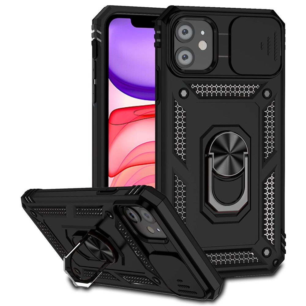 For iPhone 11 Case PC+TPU Kickstand Armour Phone Cover with Camera Slide Guard - Black