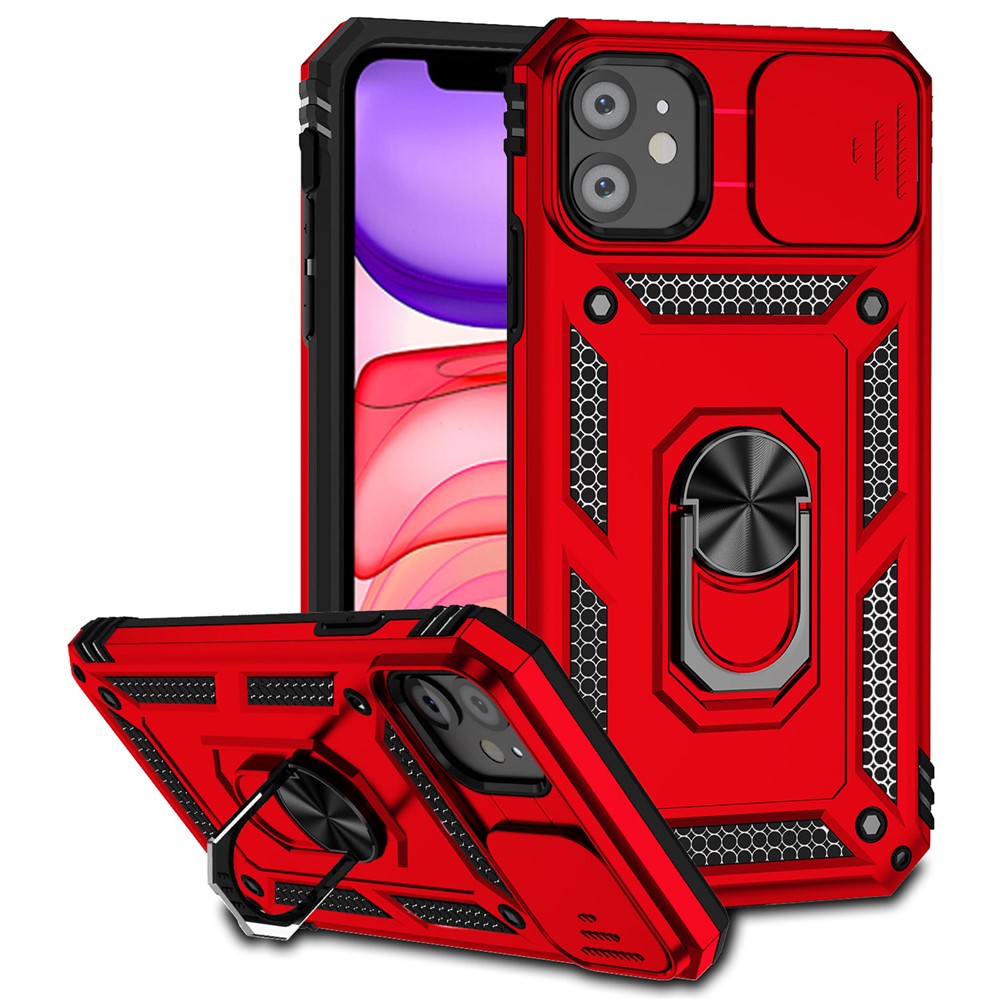 For iPhone 11 Case PC+TPU Kickstand Armour Phone Cover with Camera Slide Guard - Red