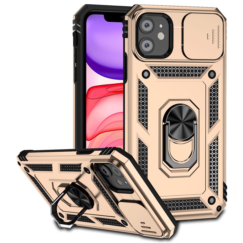 For iPhone 11 Case PC+TPU Kickstand Armour Phone Cover with Camera Slide Guard - Gold