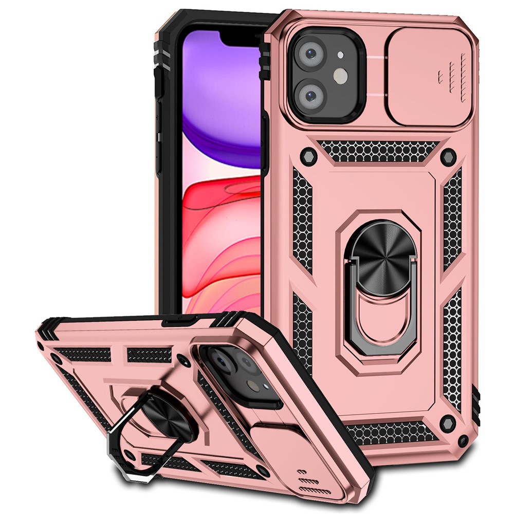 For iPhone 11 Case PC+TPU Kickstand Armour Phone Cover with Camera Slide Guard - Rose Gold