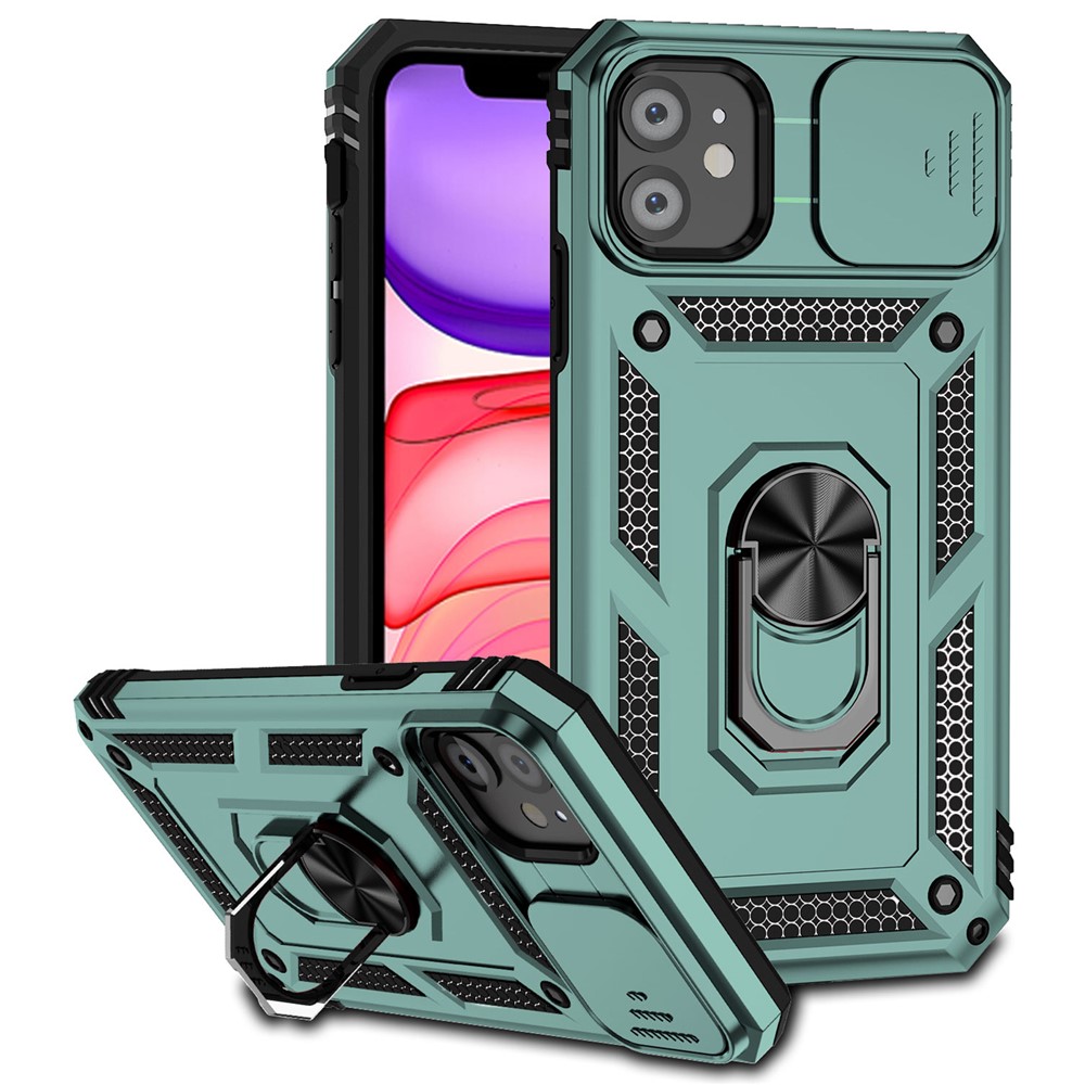 For iPhone 11 Case PC+TPU Kickstand Armour Phone Cover with Camera Slide Guard - Blackish Green