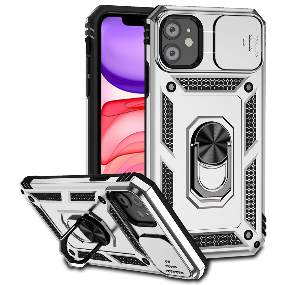 For iPhone 11 Case PC+TPU Kickstand Armour Phone Cover with Camera Slide Guard - Silver