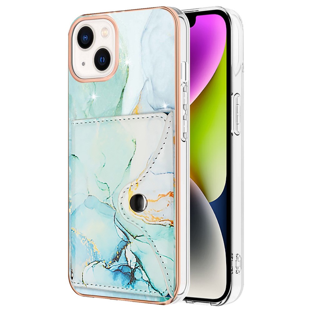 YB Leather Coating Series-9 for iPhone 14 Plus IMD Case Card Slot PU+TPU Phone Shell with Kickstand - 003 Green