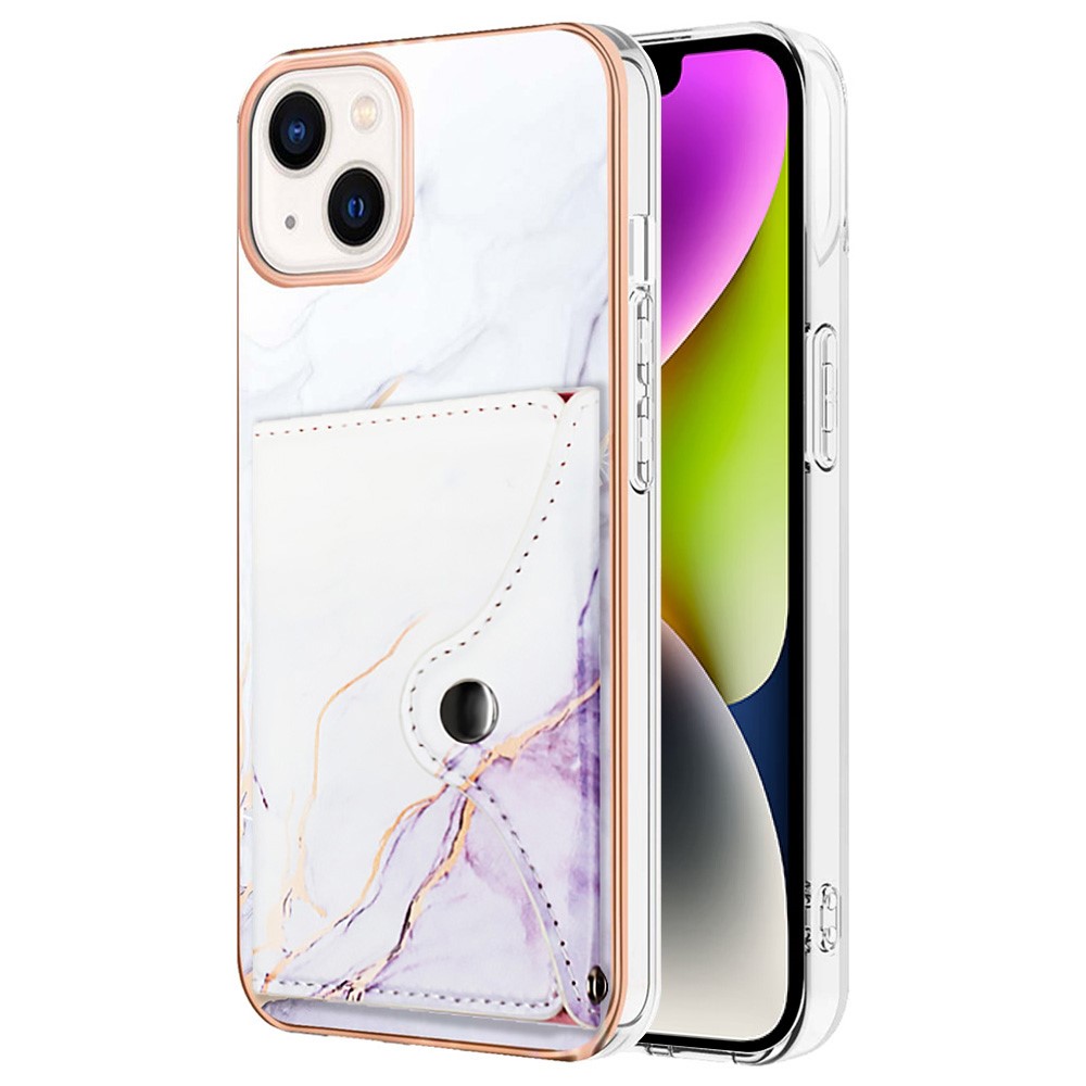YB Leather Coating Series-9 for iPhone 14 Plus IMD Case Card Slot PU+TPU Phone Shell with Kickstand - 006 White Purple