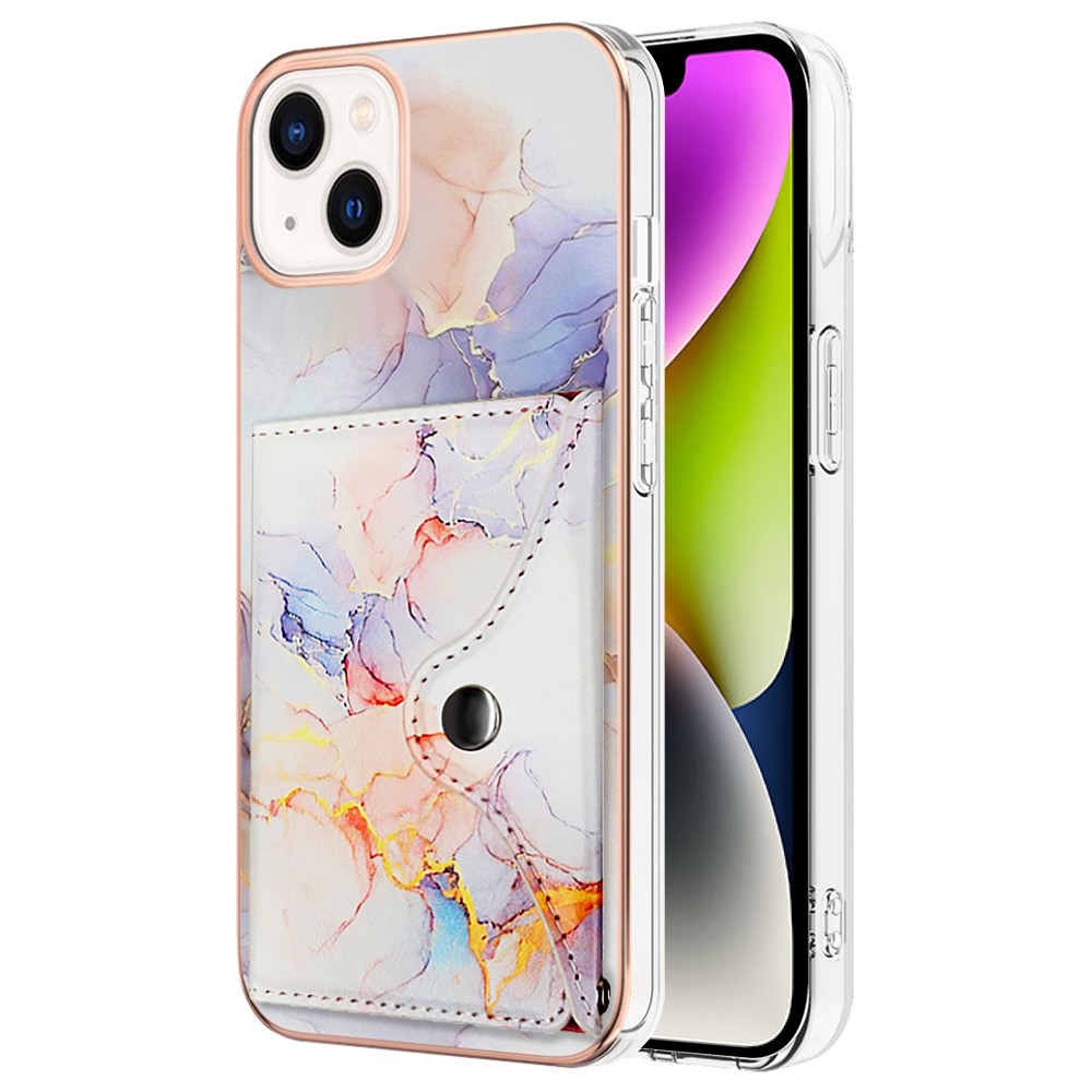 YB Leather Coating Series-9 for iPhone 14 Plus IMD Case Card Slot PU+TPU Phone Shell with Kickstand - 004 Marble White