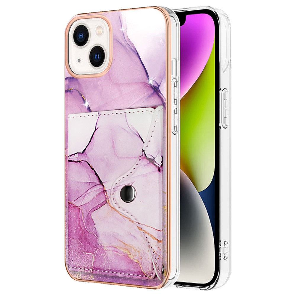YB Leather Coating Series-9 for iPhone 14 Plus IMD Case Card Slot PU+TPU Phone Shell with Kickstand - 001 Purple