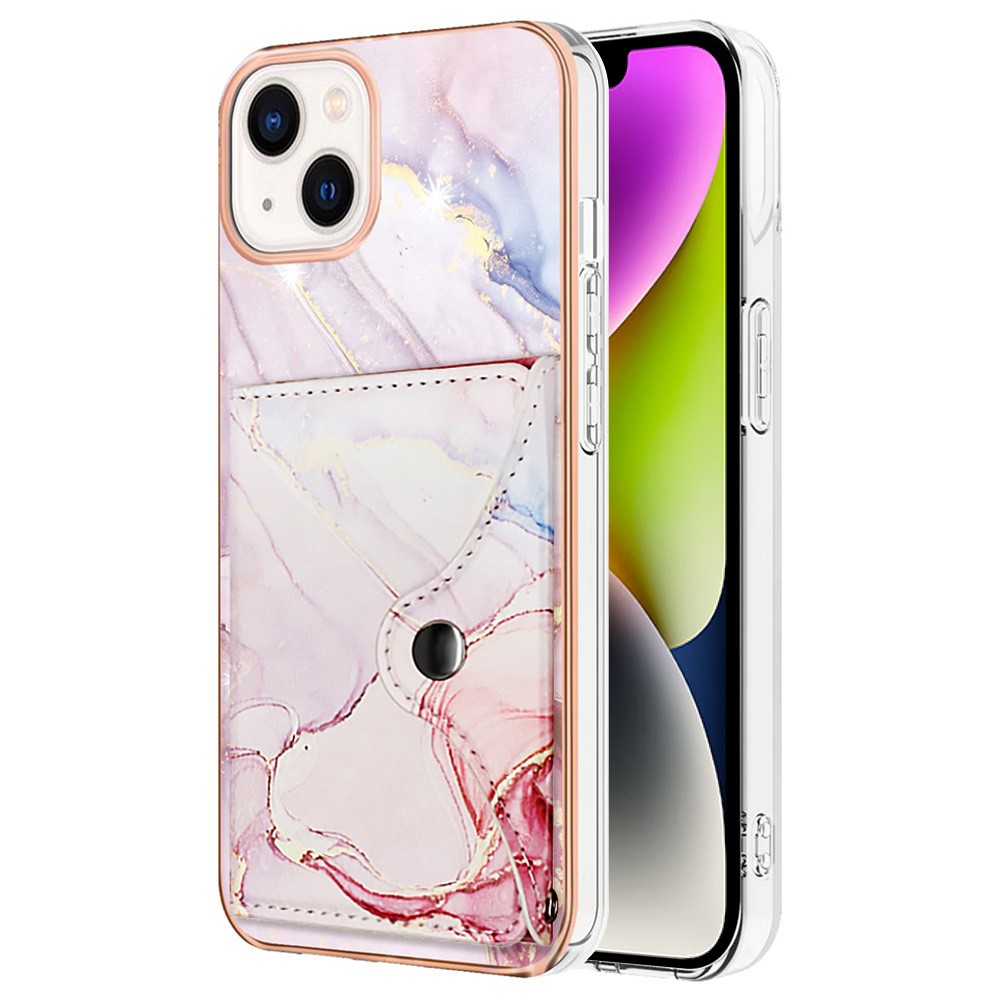 YB Leather Coating Series-9 for iPhone 14 Plus IMD Case Card Slot PU+TPU Phone Shell with Kickstand - 005 Rose Gold