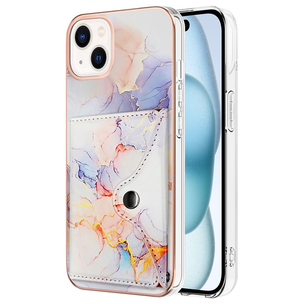 YB Leather Coating Series-9 for iPhone 15 Plus IMD Phone Case Card Slots Leather+TPU Cover - 004 Marble White