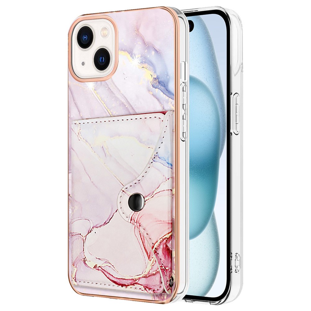 YB Leather Coating Series-9 for iPhone 15 Plus IMD Phone Case Card Slots Leather+TPU Cover - 005 Rose Gold