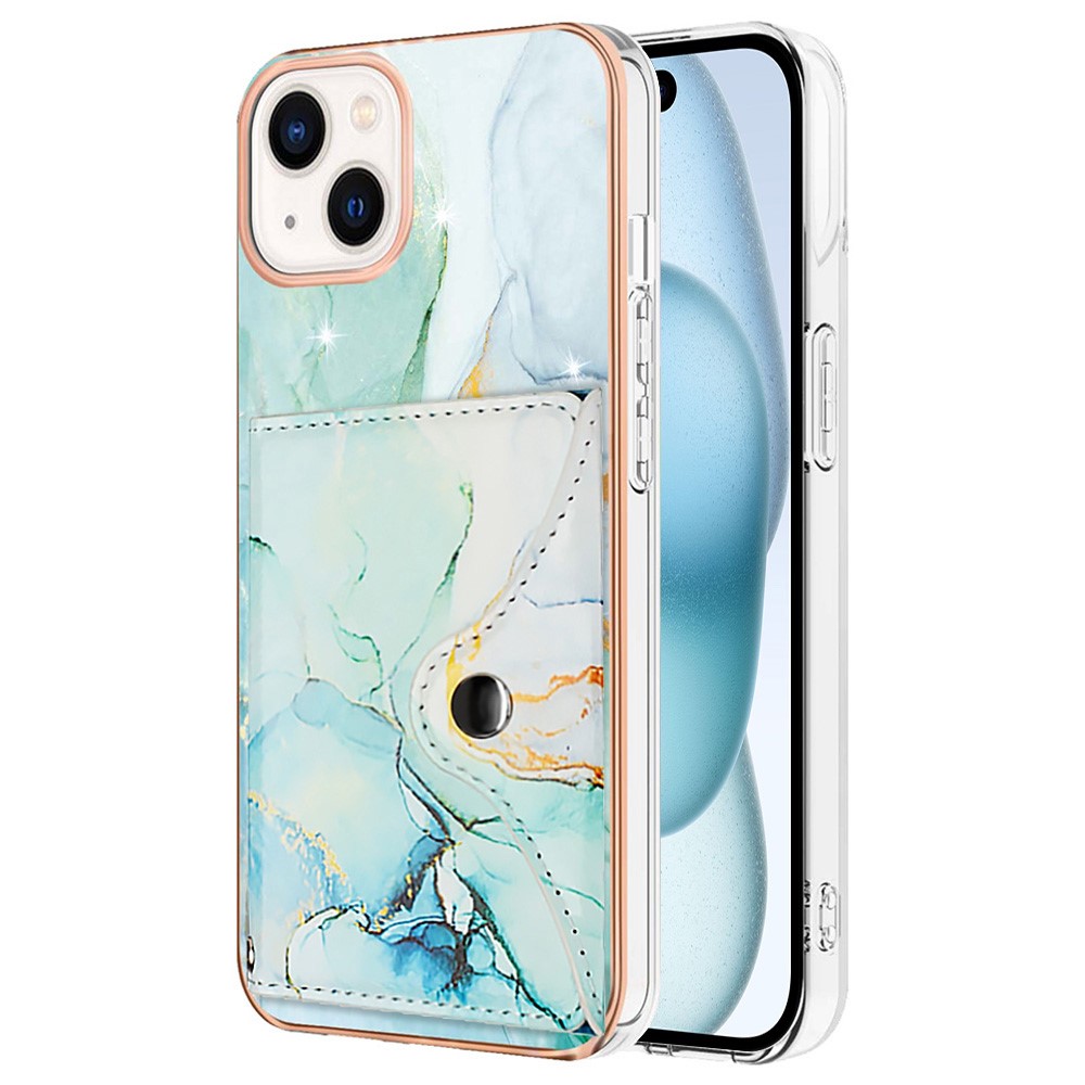 YB Leather Coating Series-9 for iPhone 15 Plus IMD Phone Case Card Slots Leather+TPU Cover - 003 Green