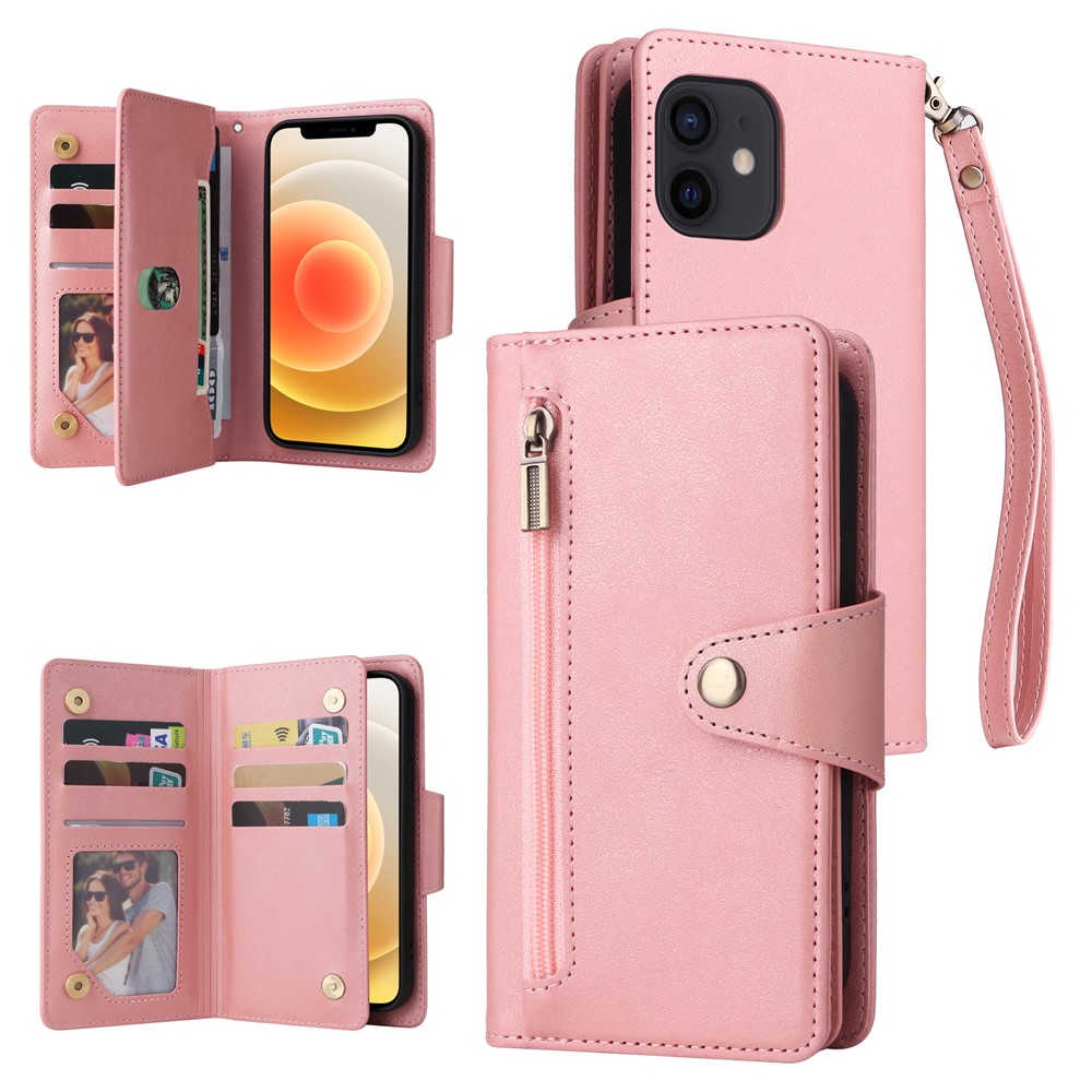 For iPhone 12 mini Shockproof Case Rivet Decor PU Leather Phone Cover - Rose Gold