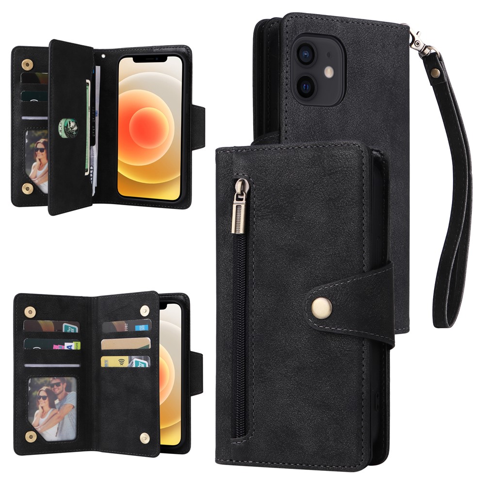 For iPhone 12 mini Shockproof Case Rivet Decor PU Leather Phone Cover - Black