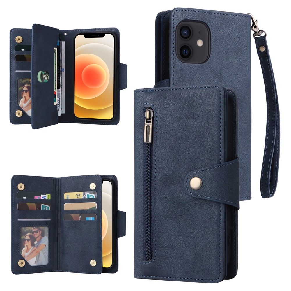 For iPhone 12 mini Shockproof Case Rivet Decor PU Leather Phone Cover - Blue