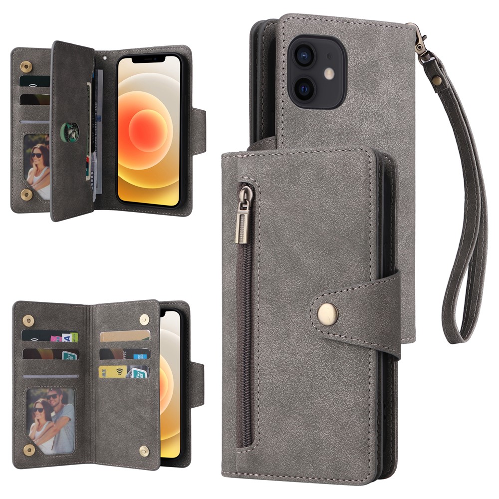 For iPhone 12 mini Shockproof Case Rivet Decor PU Leather Phone Cover - Grey