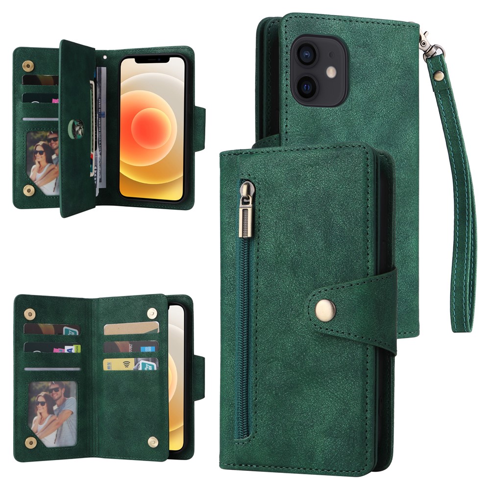 For iPhone 12 mini Shockproof Case Rivet Decor PU Leather Phone Cover - Green