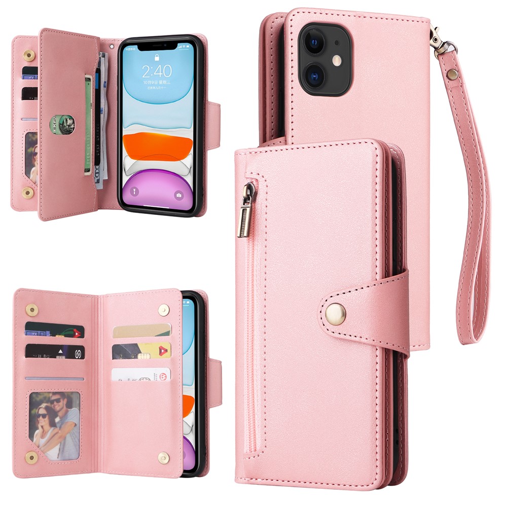 For iPhone 11 Case PU Leather Stand Phone Cover with Rivet Decor - Rose Gold