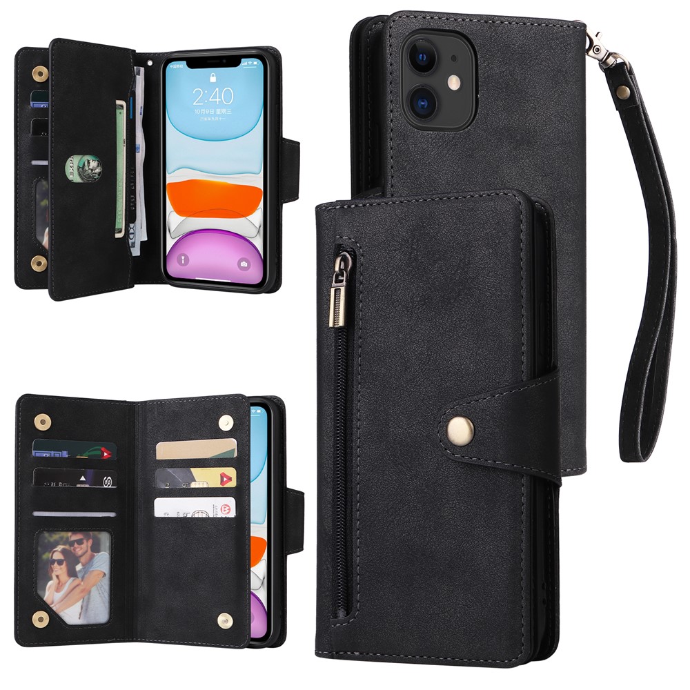 For iPhone 11 Case PU Leather Stand Phone Cover with Rivet Decor - Black