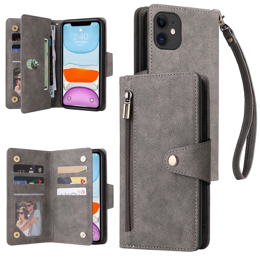 For iPhone 11 Case PU Leather Stand Phone Cover with Rivet Decor - Grey
